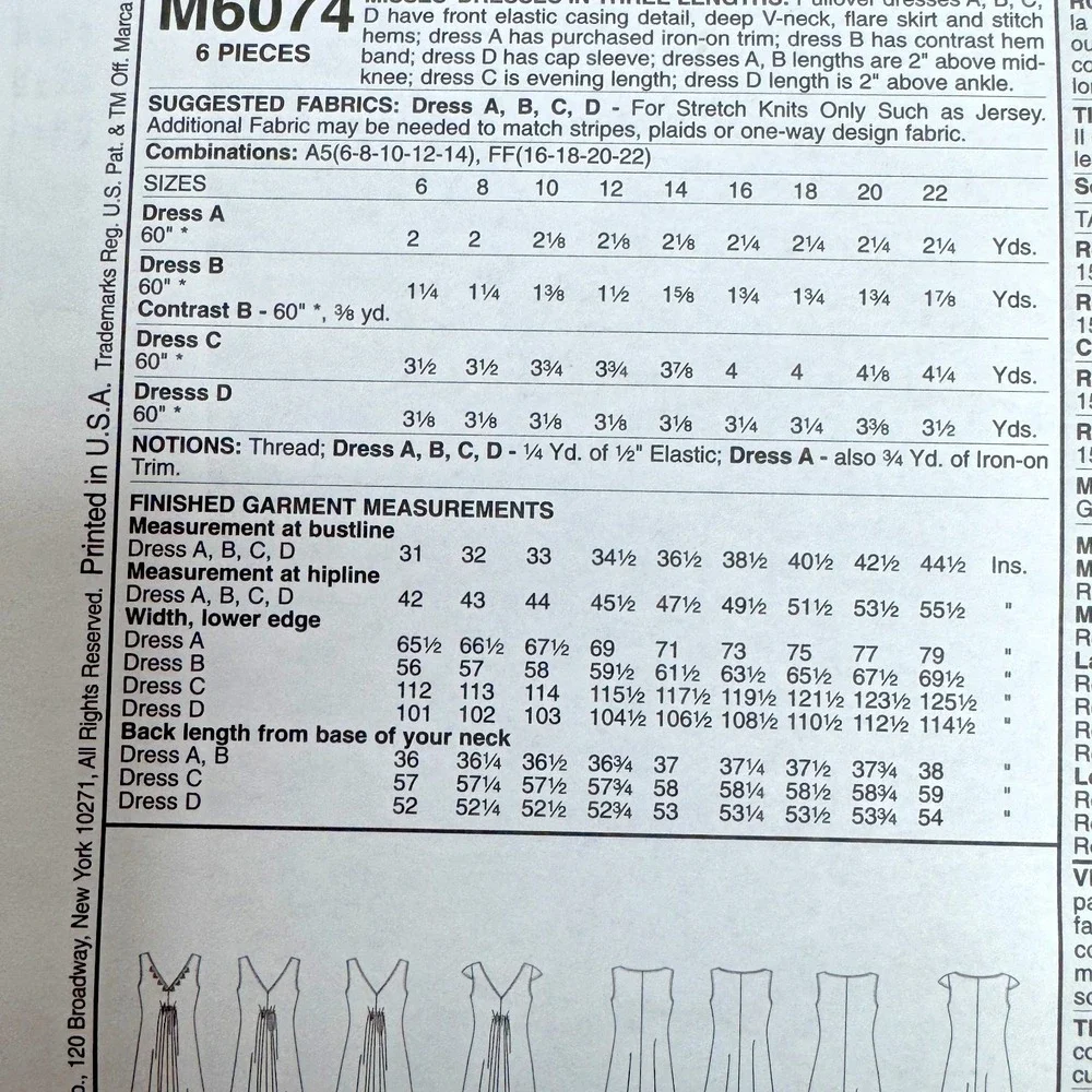 McCALLS 6074 Uncut Sewing‎ Pattern A5 6-14 Pullover Dress Stretch Knits 2010